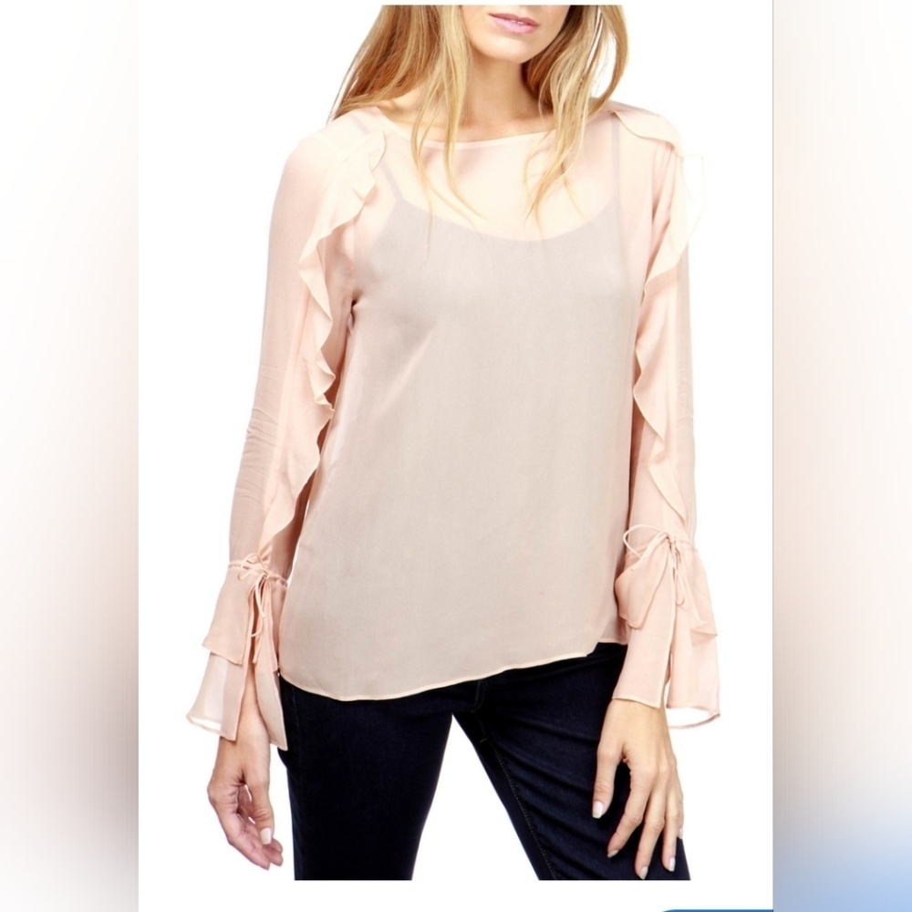2477) Lucky Brand Dusty Rose Semi Sheer Long Sleeve Ruffle Top Size Small